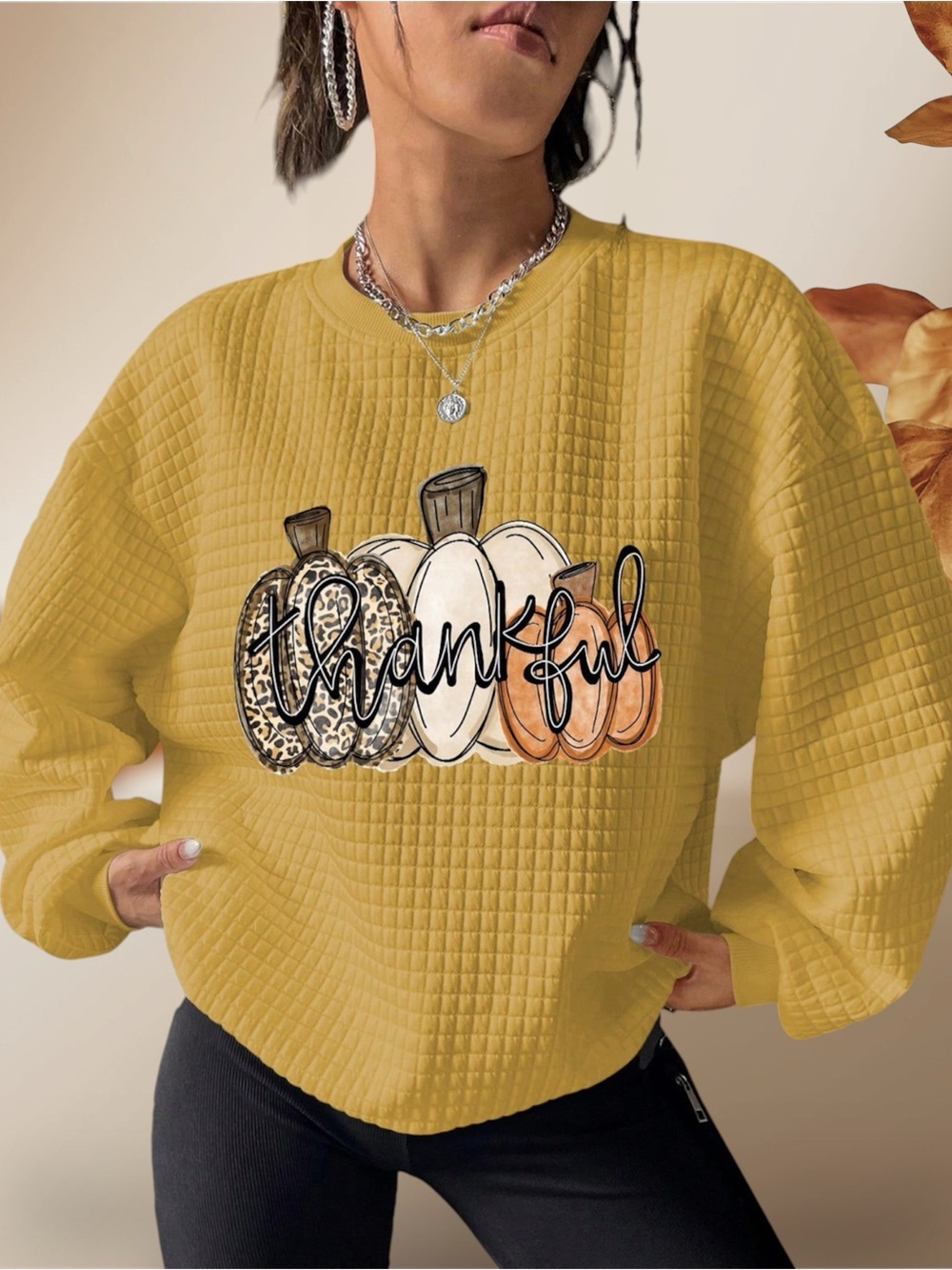 Thankful Pumpkin Quilted Sweatshirt - Mustard